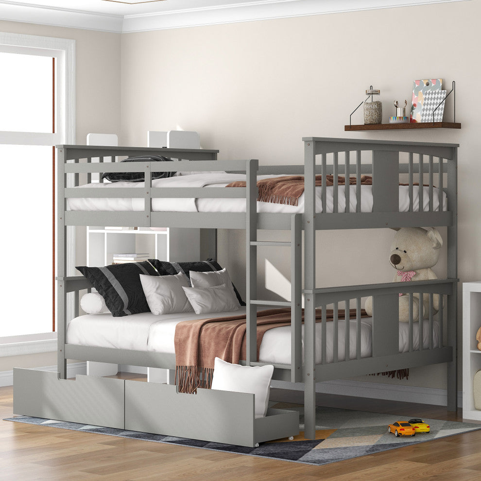 Gewnee Wood Full over Full Bunk Bed with Drawers and Ladder in Gray