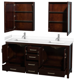 72"DBL Vanity Espresso, White Cult. Marble Countertop, Sinks, Med. Cabinets