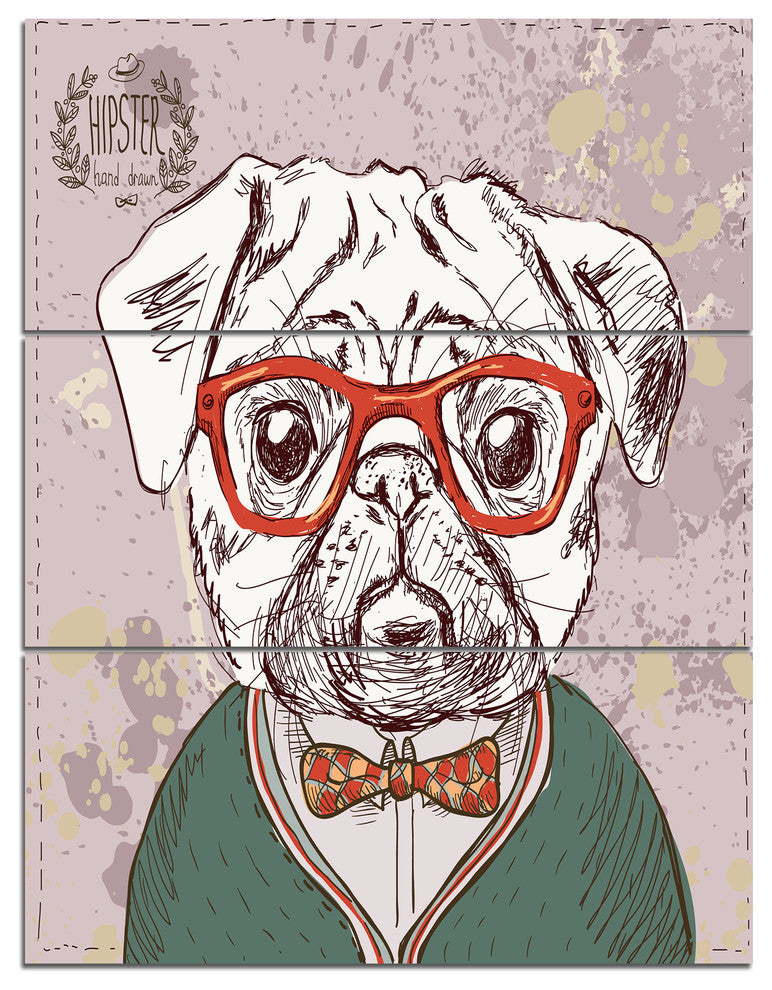 Hipster Pug Dog in Vintage Style, Animal Triptych Canvas Print, 28x36, 3 Panels