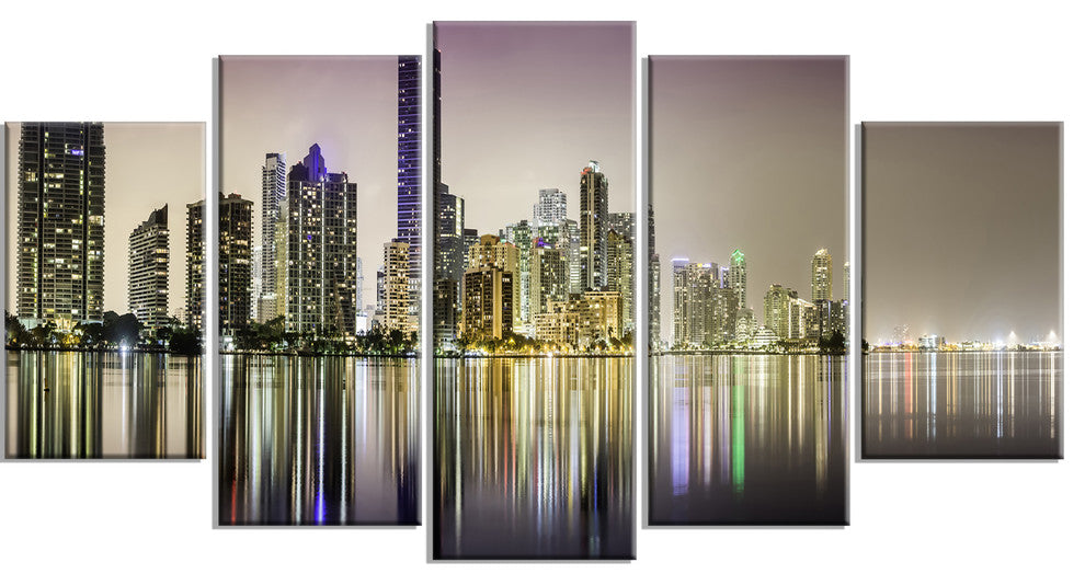 Miami Downtown Night Panorama, Purple, Canvas Print, 60"x32", 5 Panels