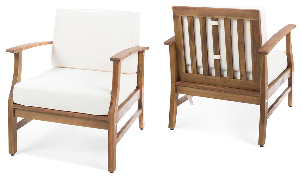 GDF Studio Pearl Outdoor Teak Acacia Wood Club Chairs With Cushion, Cream, Set of 2