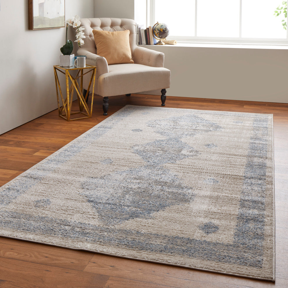 Weave & Wander Melba Nomadic Geometric Area Rug, Blue/Ivory, 4'3"x6'3"