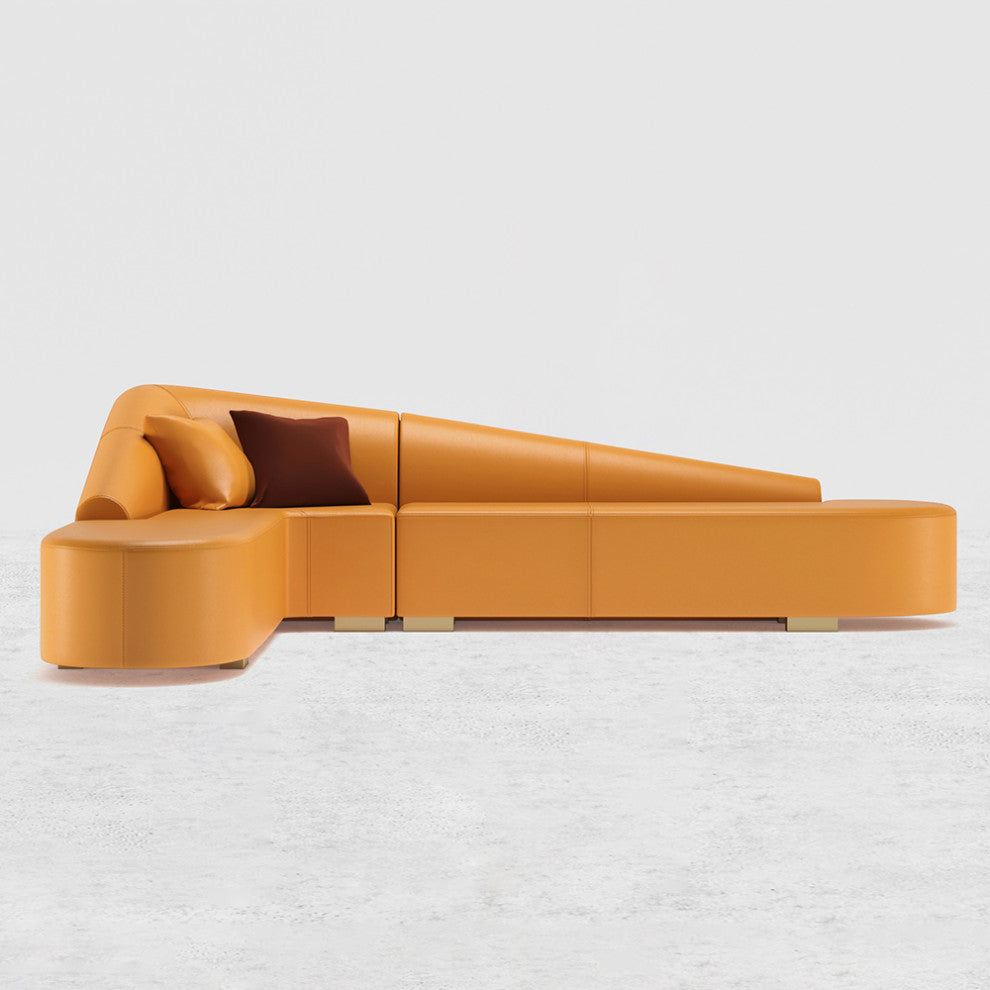Modern 6-Seater Orange L-Shaped Corner Sectional Sofa Faux Leather Upholstery