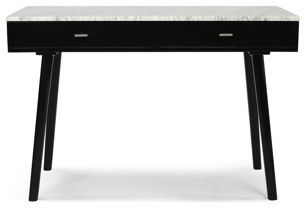Viola 44" Rectangular Italian Carrara White Marble Writing Desk, Black, 18" Wide