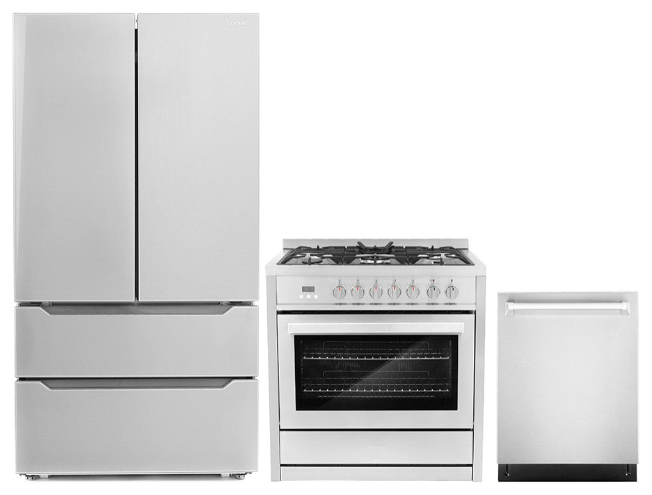 3-Piece, 36" 240V Dual Fuel Range, 24" Dishwasher and French Door Refrigerator