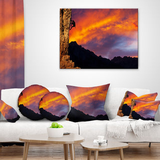 Climber On Sunset Background Landscape Printed Throw Pillow, 18"x18"