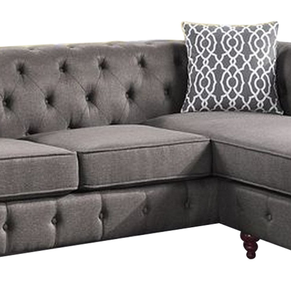 Benzara BM251169 Reversible Sectional Sofa, Button Tufting and Rolled Arms, Gray