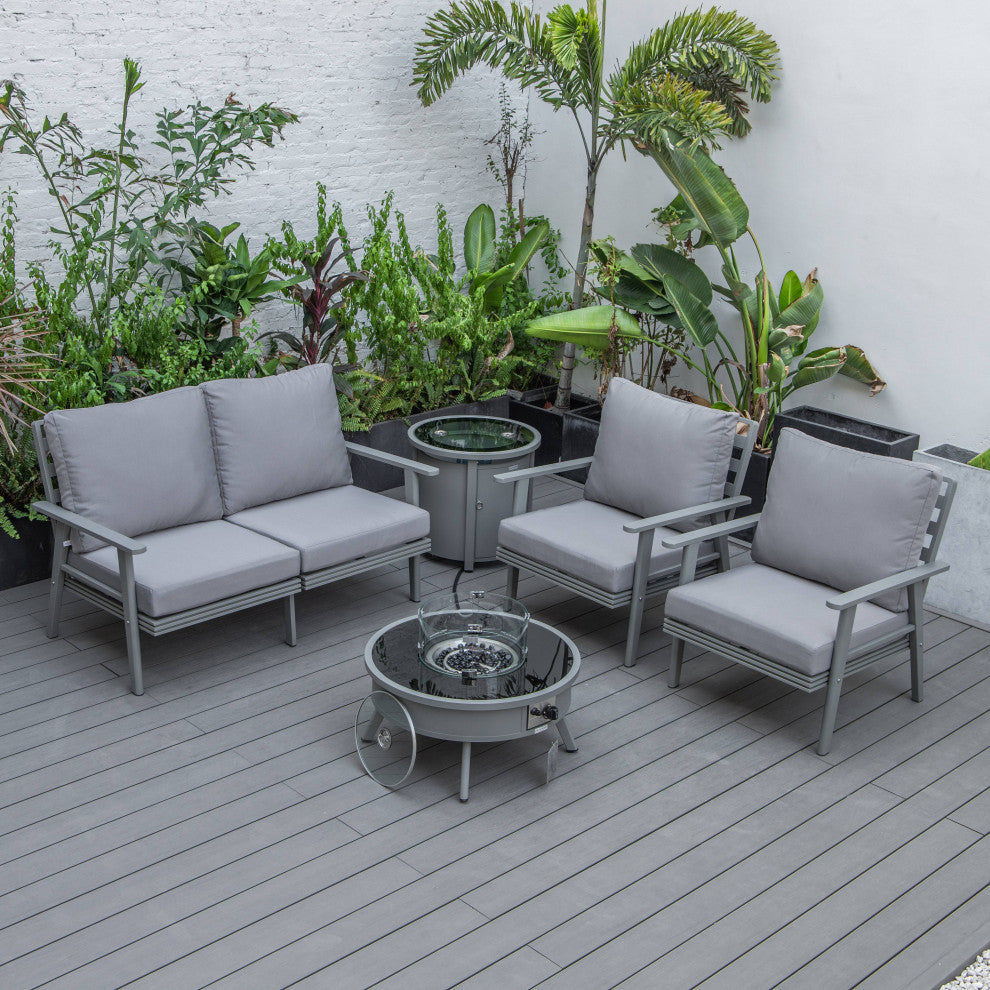 LeisureMod Walbrooke Grey Patio Sofa Set With Round Fire Pit Table, Grey