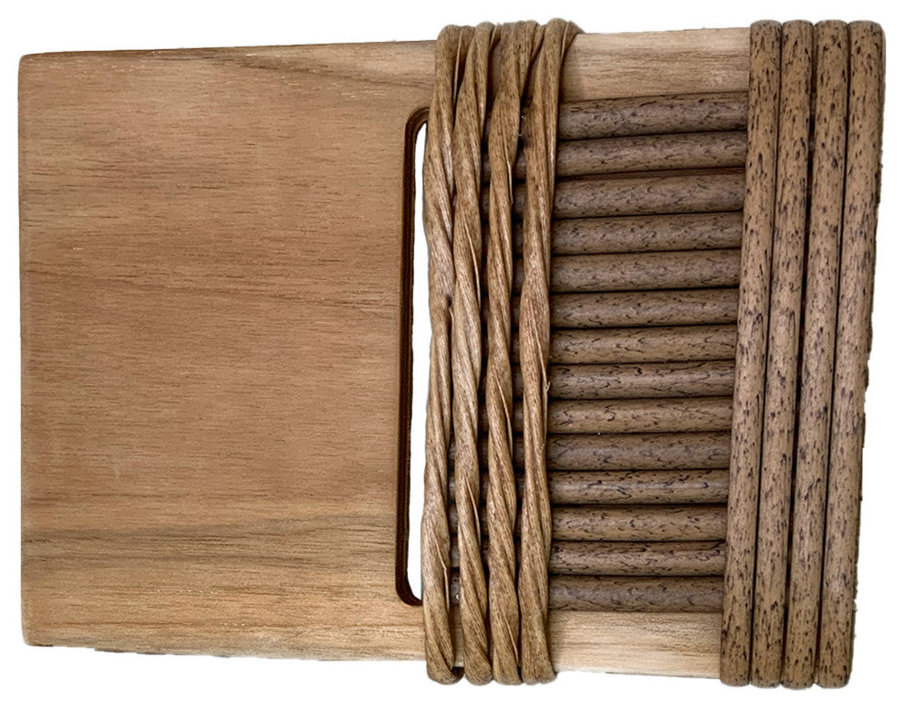 Teak And Wicker Basket Lounger Ottomans, Set of 2, Bohemian