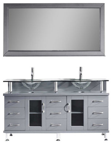 59" Double Bathroom Vanity, Gray, Clear Tempered Glass, Polished Chrome