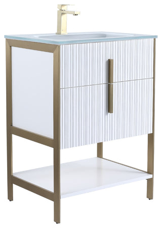 Serenity Bath Vanity, White Matte, Brass, White Glass Sink Top, 1-Hole