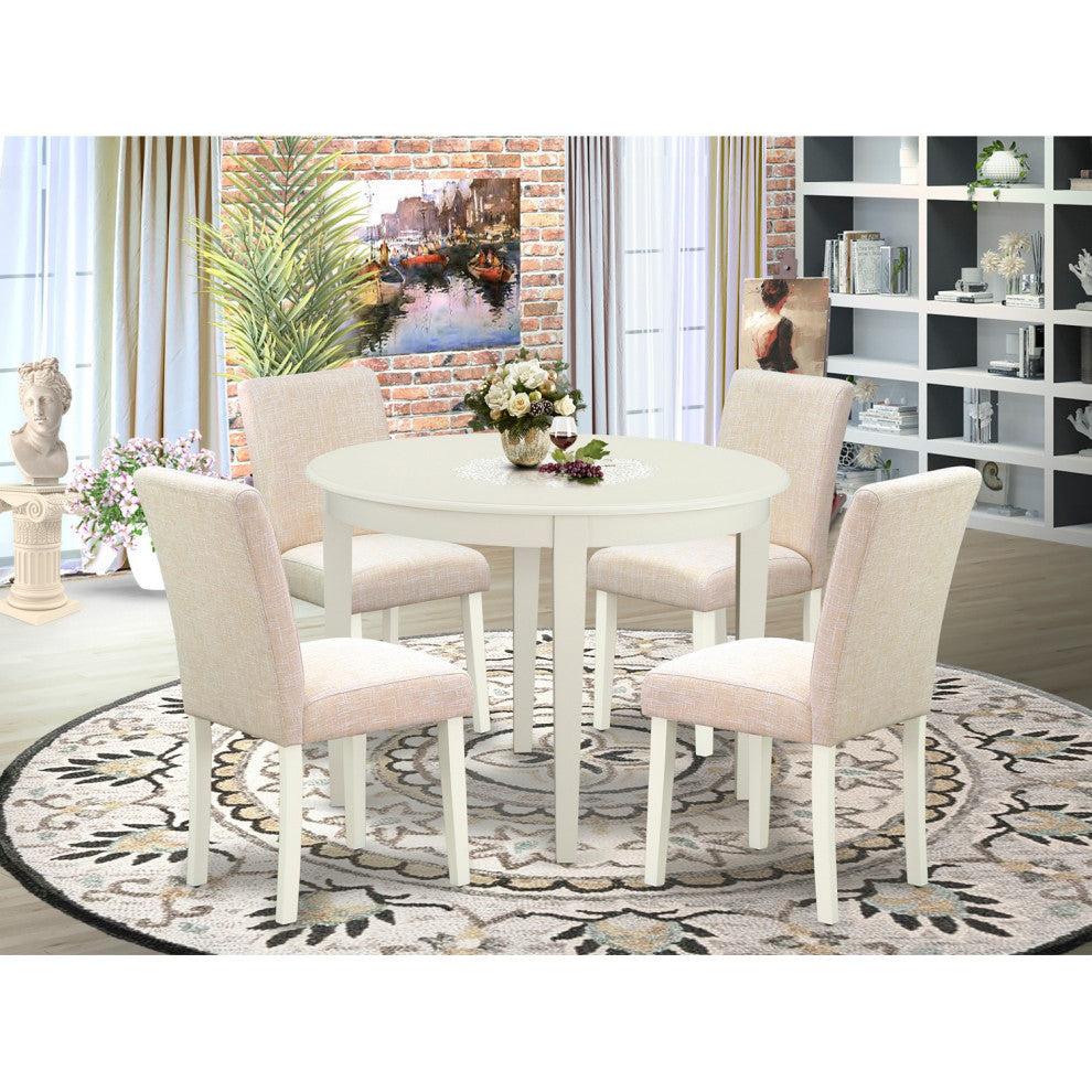 5Pc Round 42" Kitchen Table, Four Parson Chair, White Leg, Fabric Light Beige