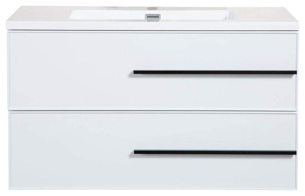 Wall-Mounted White Vanity with Sink Top and Two Drawers, 36"