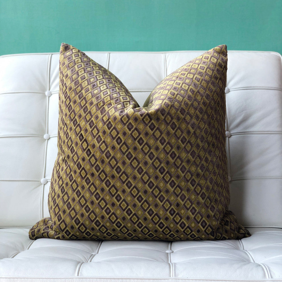 Velvet Geometric Pattern Decorative Throw Pillow, Jager Sage Diamond, 20"x20"