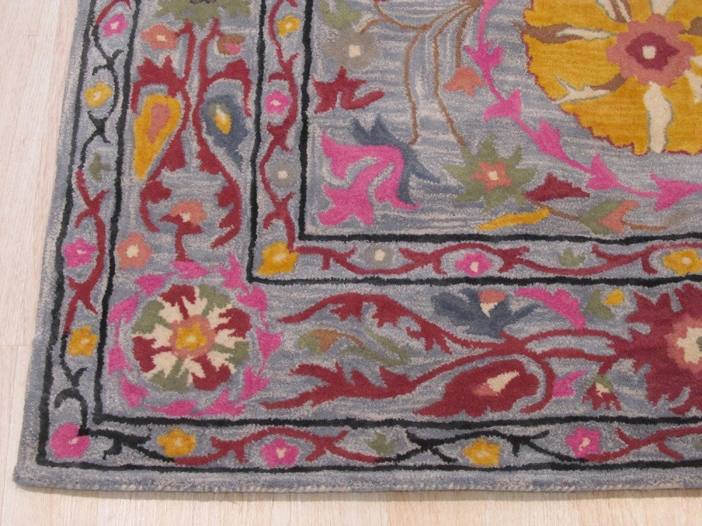 EORC Hand-tufted Wool Blue Traditional Floral Suzani Rug, Rectangular 5'x8'
