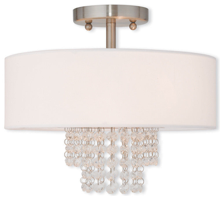 Ceiling Mount With Clear Crystals and Off-White Fabric, Brushed Nickel