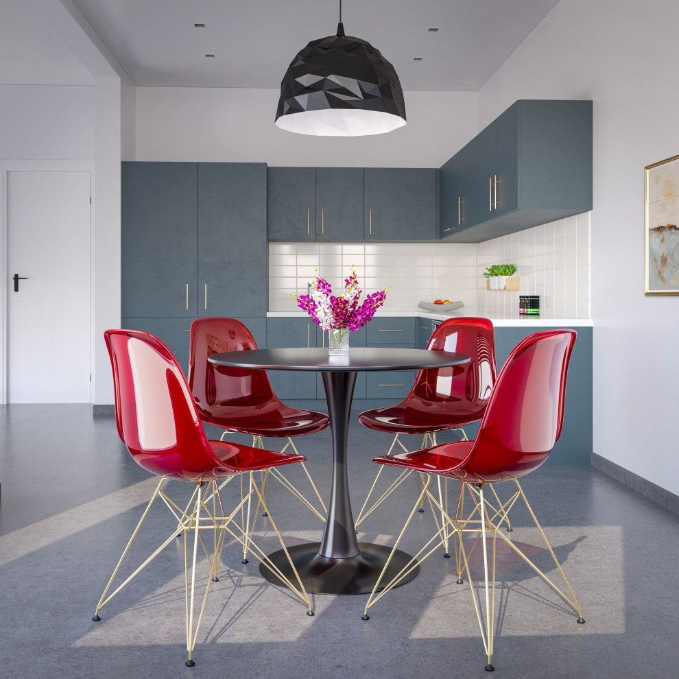 Dining Chair with ABS Plastic Seats Side Chair in Gold Chrome, Transparent Red