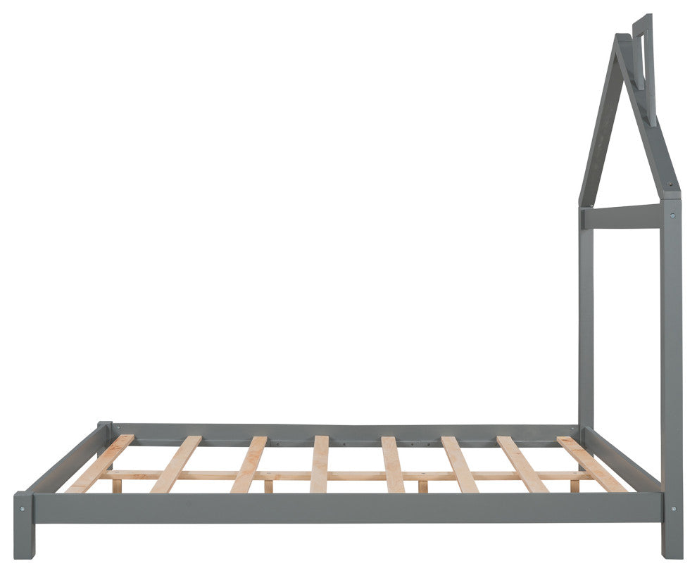 Gewnee Wood Full Size Platform Bed with House Shaped Headboard in Gray