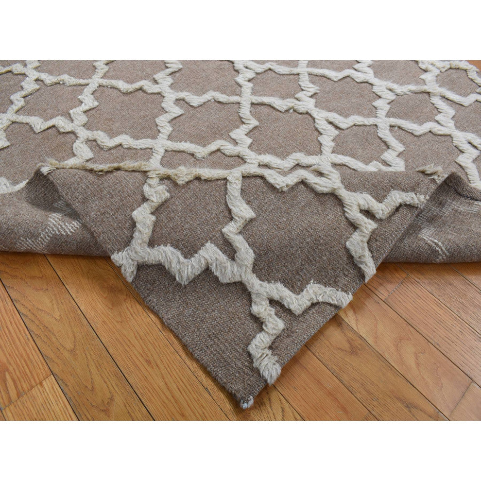 Beaver Brown Pure Wool Hand Knotted Mixed Kilim and Piled Design Rug 5'x7'