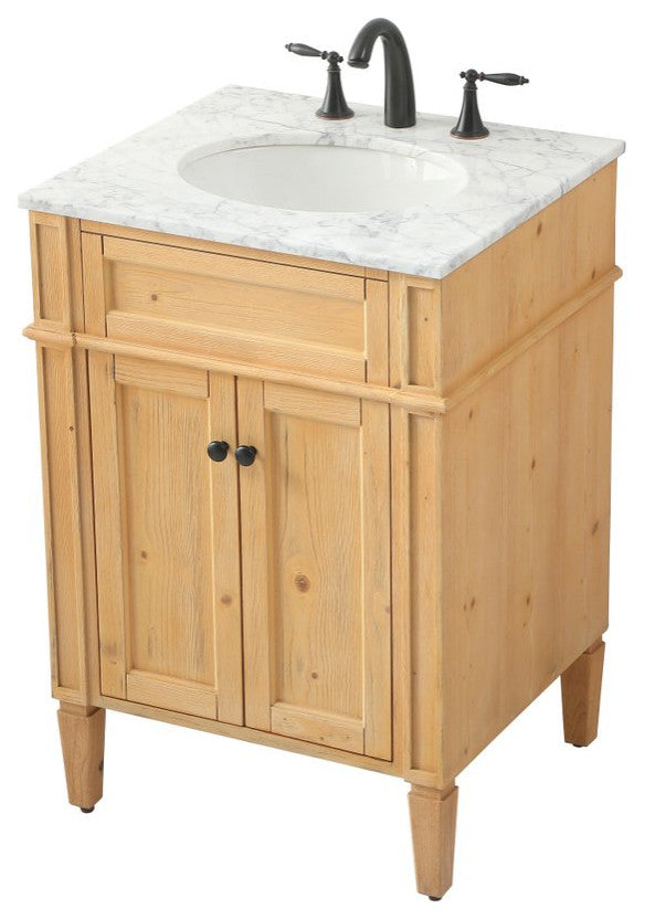 Home Living Vanity with Carrara White Marble Countertop, Natural Wood, 24", Single Sink