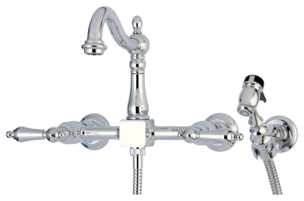 Heritage Wall Mount Bridge Kitchen Faucet, Brass Sprayer, Polished Chrome