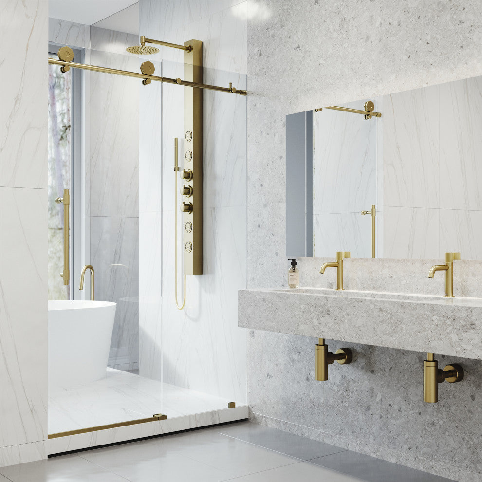 VIGO Elan Hart 56" to 60" W x 76" H Frameless Sliding Shower Door, Matte Brushed Gold, Clear Glass