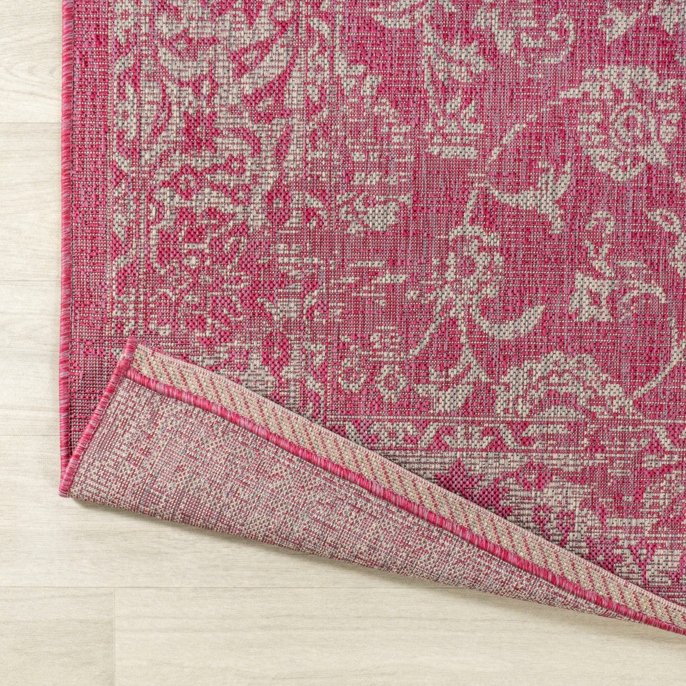 Tela Boho Textured Weave Floral Indoor/Outdoor Rug, Fuchsia/Light Gray, 2 X 8