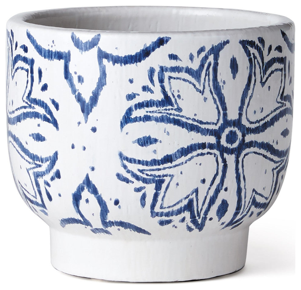 Mediterranean Blue White Medallion Planter Round Graphic Floret Coastal Pottery