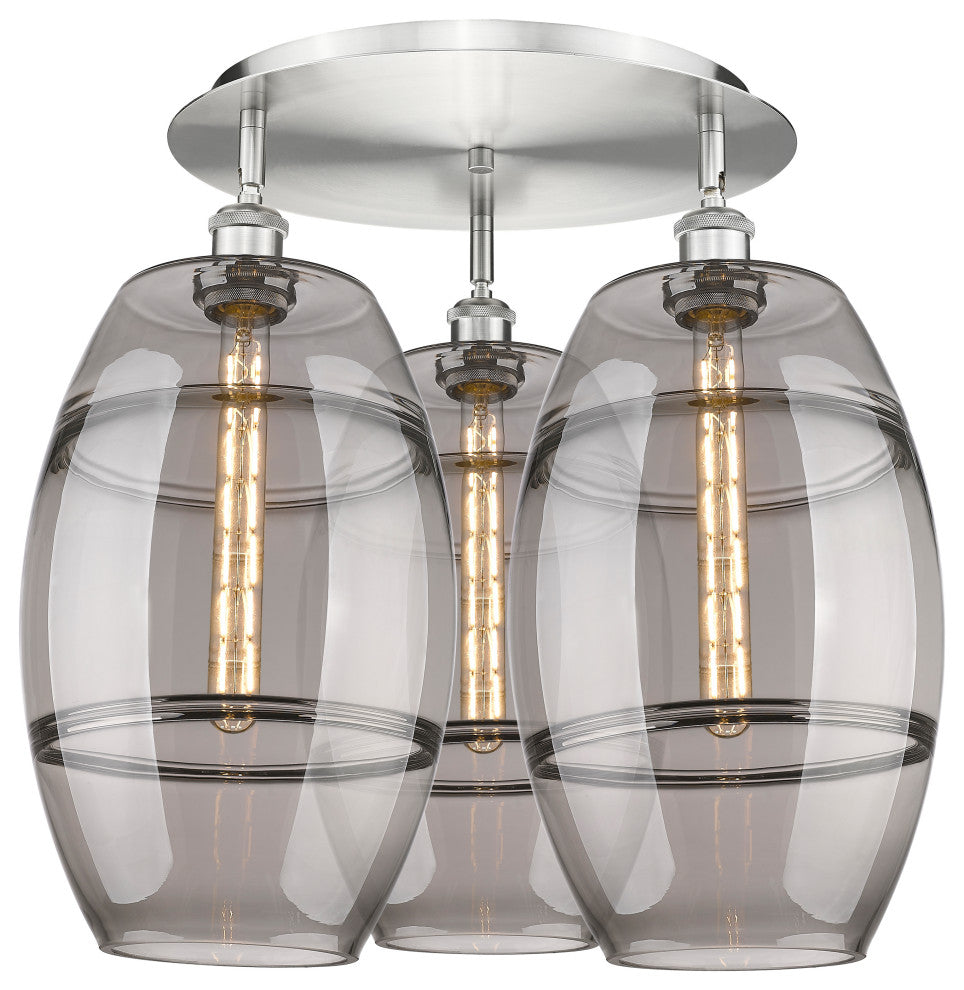 Ballston-Vaz 3-Light 22" Flush Mount, Satin Nickel, Light Smoke
