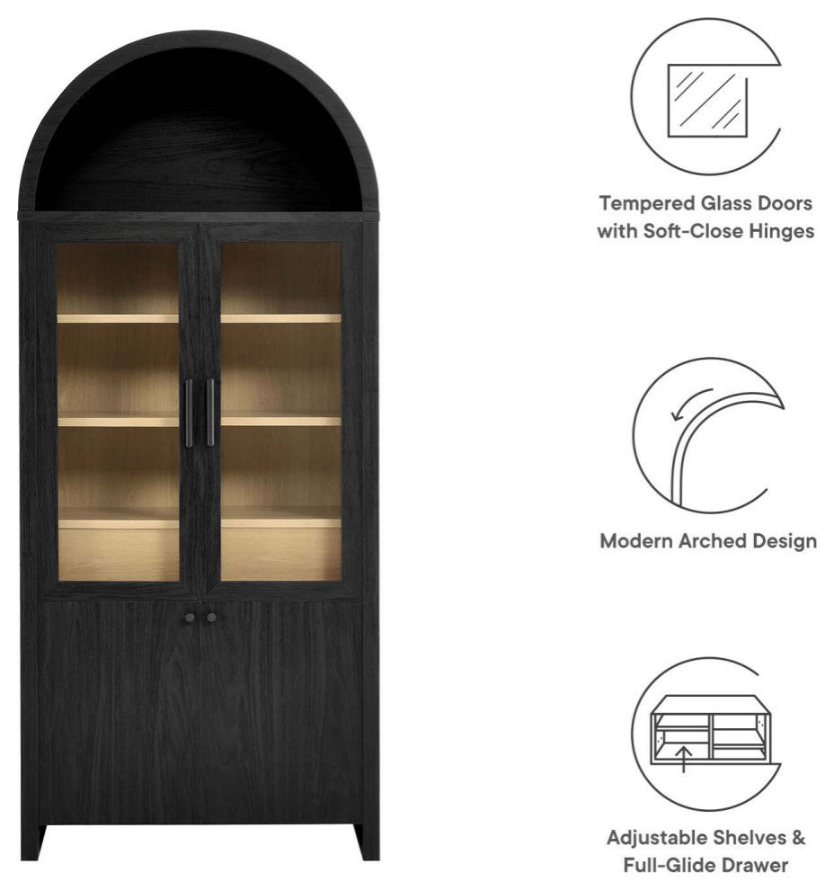Evie Arched Tall Display Cabinet, Black Oak
