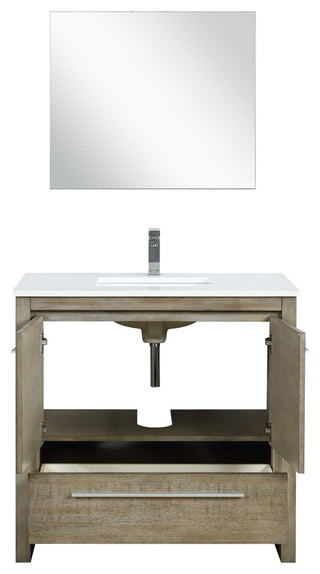 Lafarre 36 Rustic Vanity, Quartz Top, Sink, Gun Metal Faucet Set, 28 Mirror