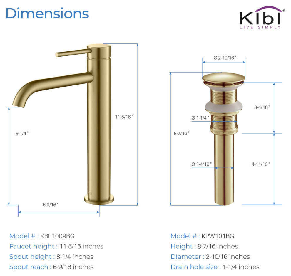 Circular Brass Single Handle Bathroom Faucet KBF1009, Brush Gold, With Drain