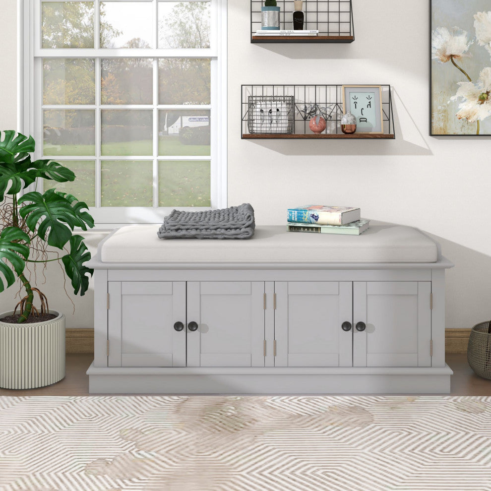TATEUS 42" Wooden Storage Bench With 4 Doors and Adjustable Shelves for Entryway, Gray Wash
