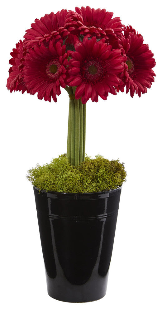 Nearly Natural Gerber Daisy Artificial Arrangement in Black Vase Red