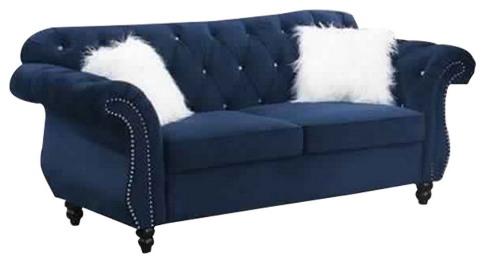 Benzara BM233089 77" Nailhead Trim Velvet Loveseat With Crystal Tufting, Blue