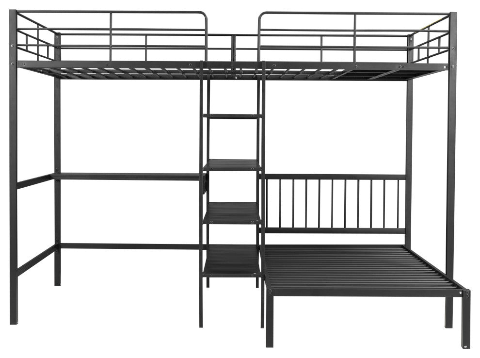 Gewnee Full Over Twin Metal Bunk Bed with Desk and Shelves in Black