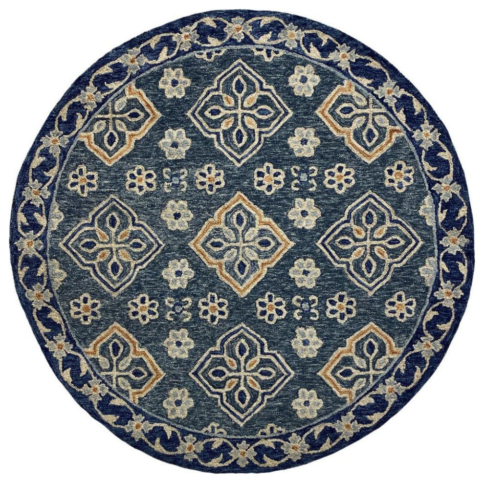 5" Round Blue Bordered Floral Motifs Area Rug