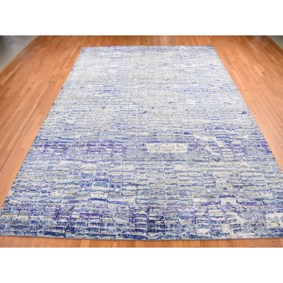 Indigo Color, Diminishing Bricks, Sari Silk, Hand Knotted, Rug, 10'2"x13'10"