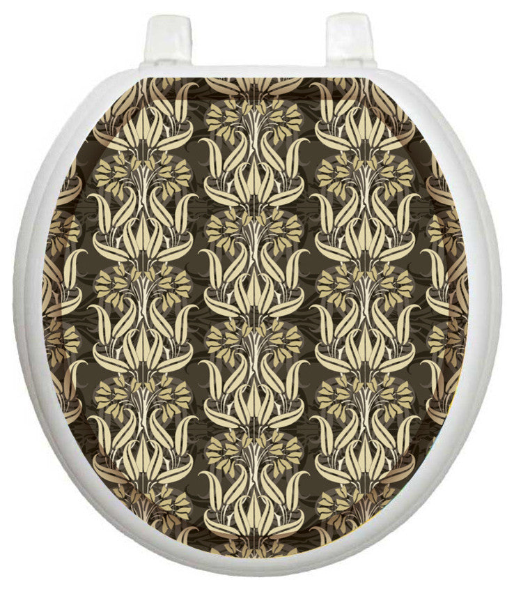 Bell Flowers in Brown Toilet Tattoos Seat Cover, Decorative Vinyl Lid Decal, Round