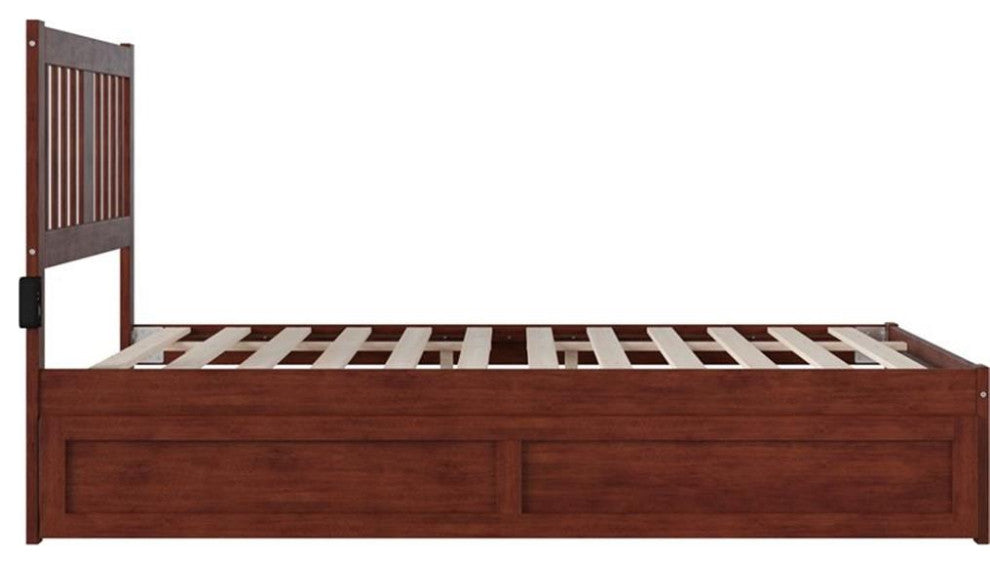 Pemberly Row Solid Wood Full Bed with Twin Trundle and USB Charger in Walnut