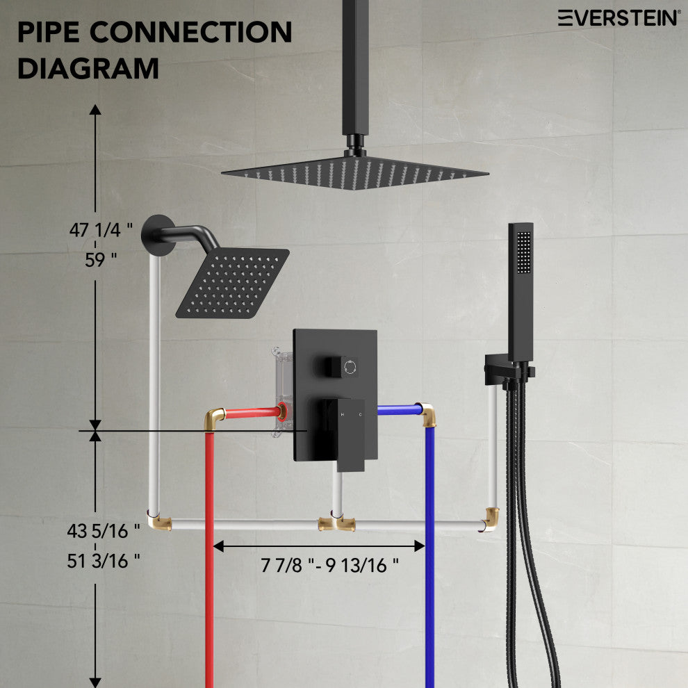 Dual Heads 3-Functions Shower System With Pressure Balancing Rough-In Valve, Matte Black