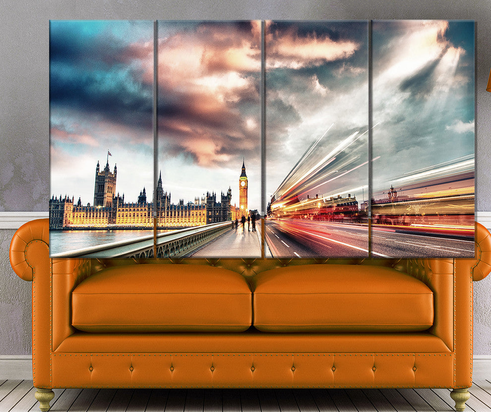 Night Scene of London City, Cityscape Photo Canvas Print, 48x28, 4 Panels