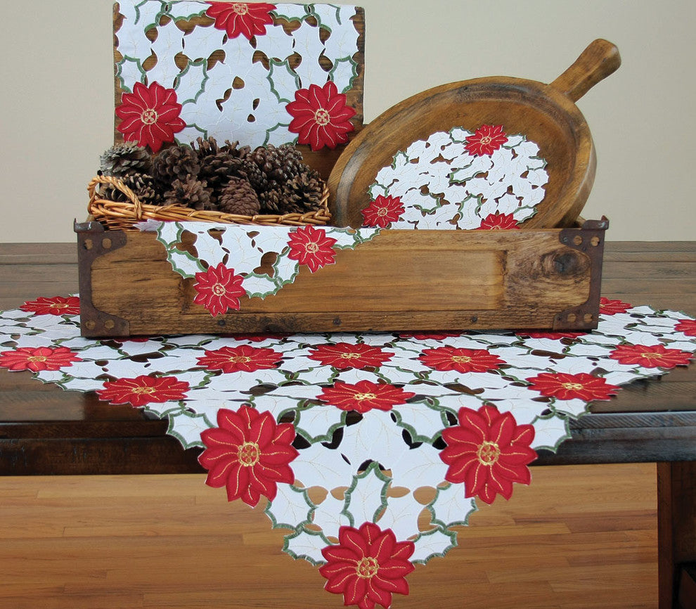 Holiday Poinsettia Embroidered Cutwork Table Topper, 34"x34"