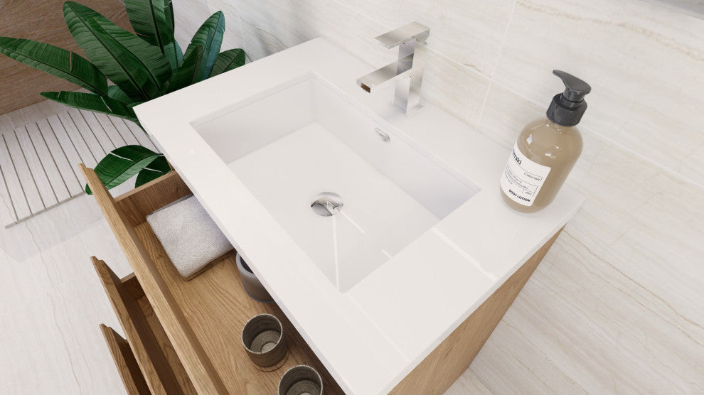 Moa Bathroom Vanity With 3 Drawers and Acrylic Sink, New England Oak, 30"