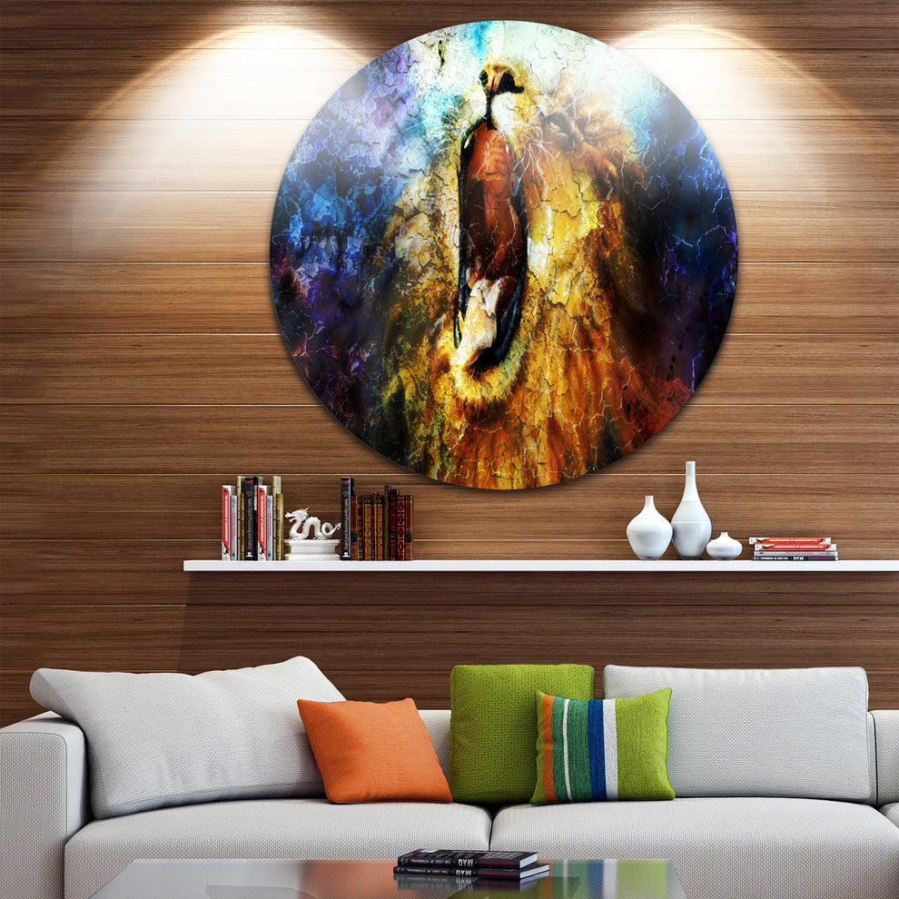Mighty Lion Emerging, Animal Art Disc Metal Wall Art, 11"