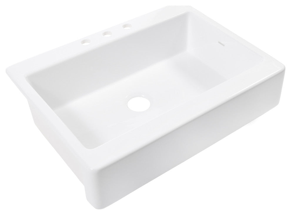 Parker White Fireclay 34" Single Bowl Quick-Fit Drop-in Traditional Kitchen Sink