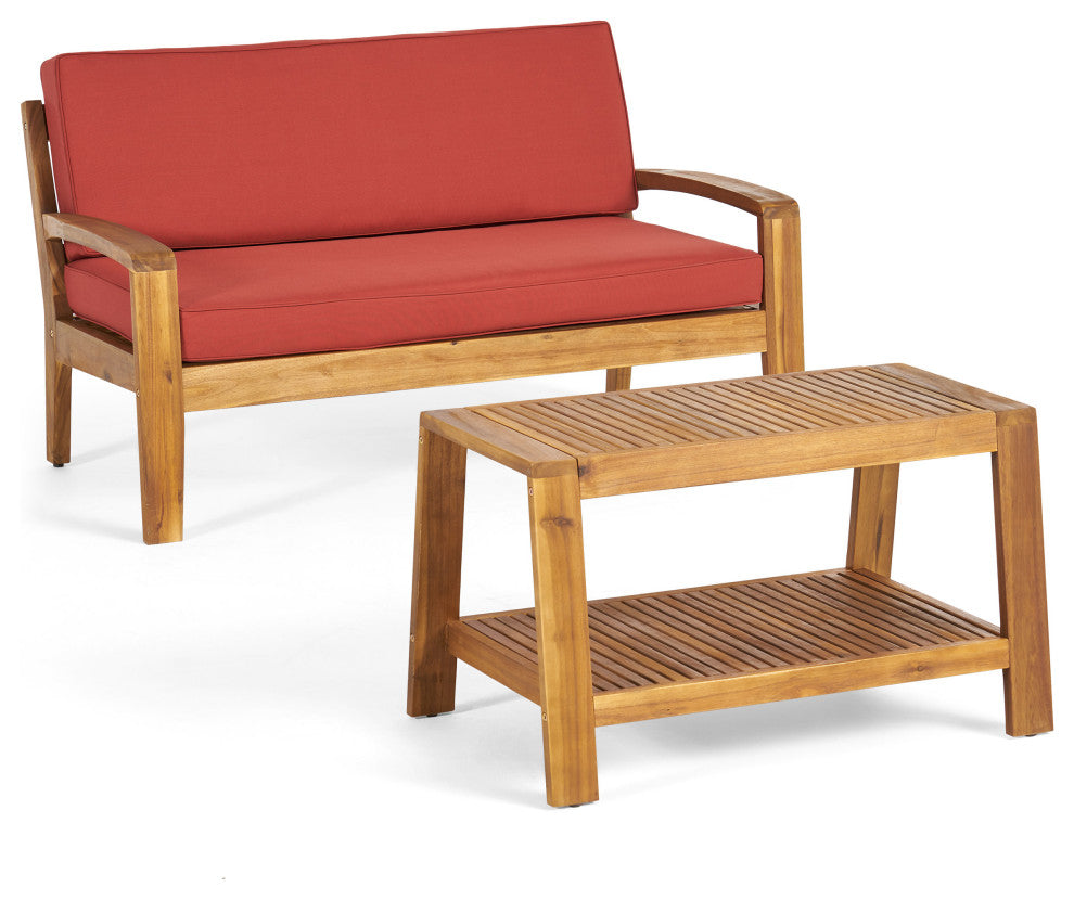 GDF Studio Christian Outdoor Acacia Wood Loveseat/Coffee Set, Teak Finish/Red