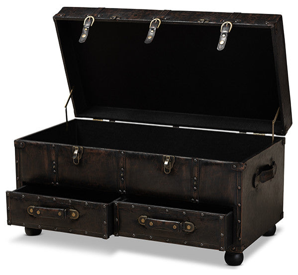 Distressed Dark Brown Faux Leather Upholstered 2-Drawer Storage Trunk Ottoman