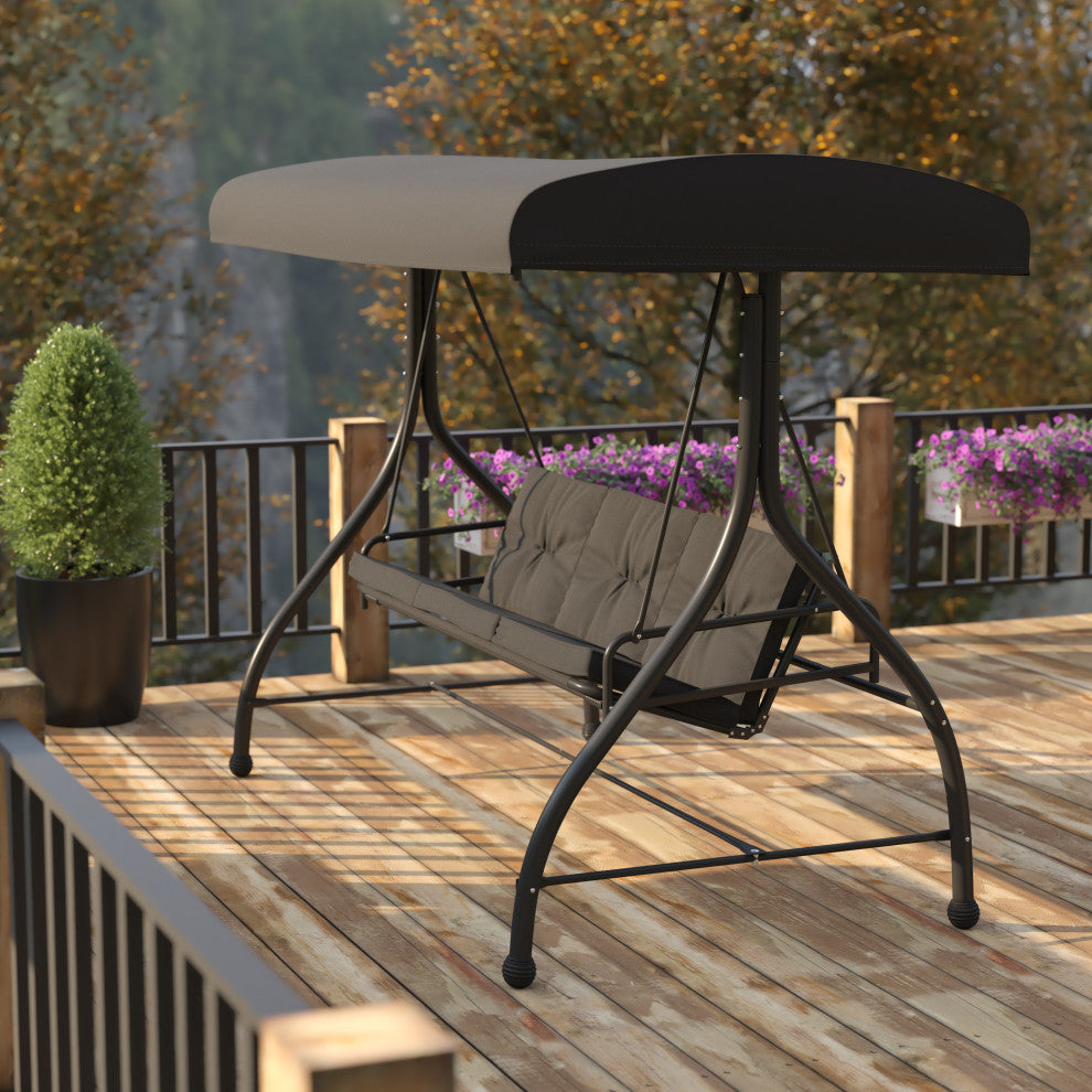 3-Seat Outdoor Steel Converting Patio Swing Canopy Hammock With Cushions, Black