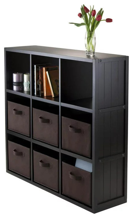 Transitional Bookcase, 9 Open Cubbies & 6 Foldable Chocolate Baskets, Black